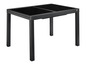 Une table à manger noire avec un plateau en verre et des pieds en métal.