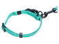 Une laisse de chien turquoise avec une boucle noire et un mousqueton.