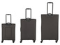 Trois valises noires à roulettes de différentes tailles.