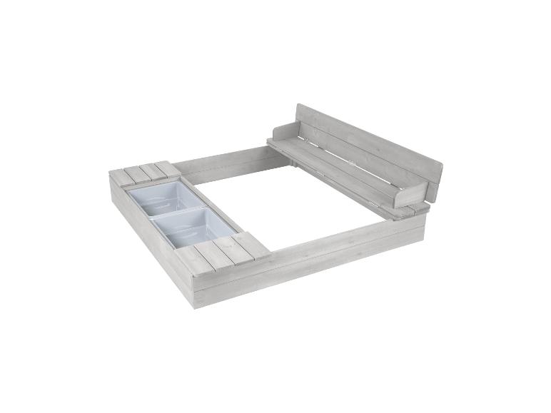 Bac à sable en bois gris avec banc intégré et tiroirs.