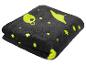 Couverture en peluche gris foncé avec des motifs spatiaux jaune néon.
