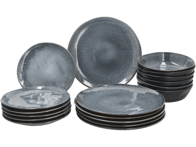 Ensemble d'assiettes et de bols en céramique gris foncé avec motif moucheté.