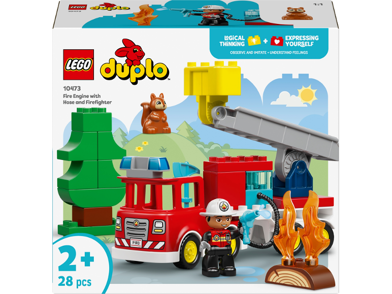 Camion de pompiers jouet avec pompier, tuyau et flammes, 28 pièces pour 2+ ans.
