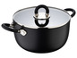 Une casserole noire avec un couvercle en verre.