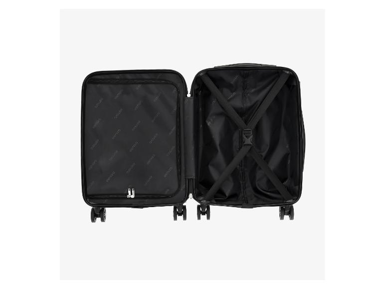 Valise Esmara ouverte avec intérieur noir et sangles de maintien.