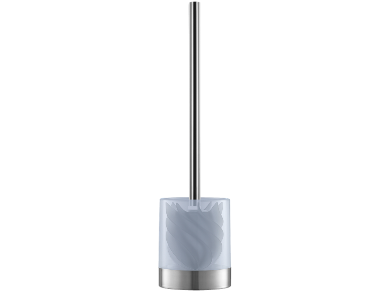 Brosse de toilette moderne avec manche en acier inoxydable et support translucide.