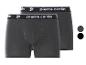 Deux paires de boxers gris foncé pour hommes avec une ceinture noire et blanche de marque.