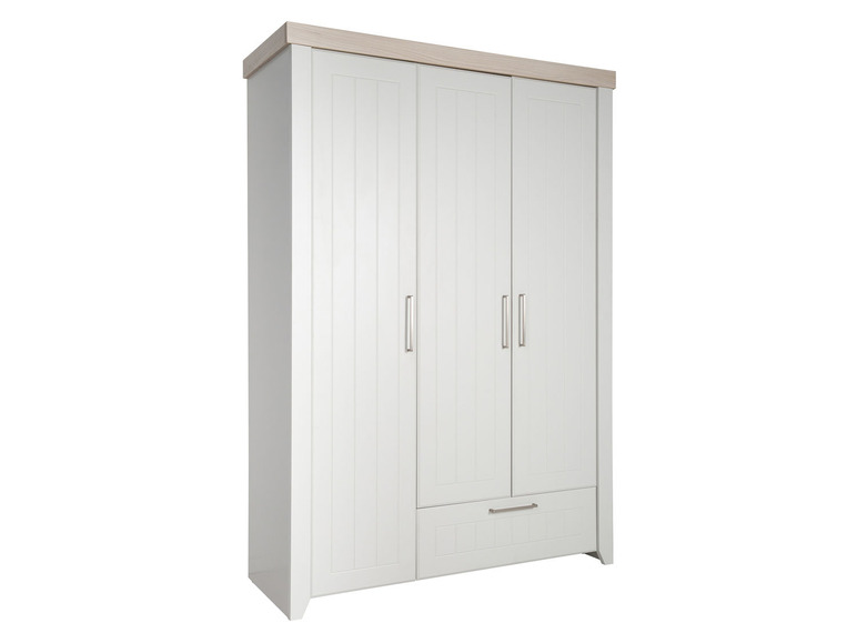 Armoire blanche à trois portes et un tiroir.