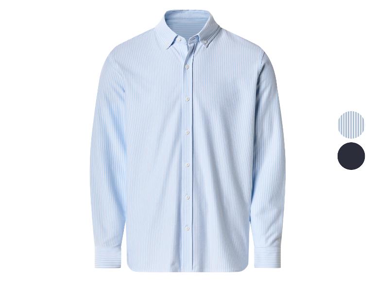 Chemise à manches longues rayée bleu clair et blanche pour homme, avec deux options de couleur.