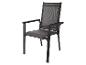 Chaise de jardin avec accoudoirs, structure en métal et assise en tissu gris.
