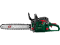 Tronçonneuse électrique verte et noire avec guide-chaîne et chaîne gris, avec poignée rouge.
