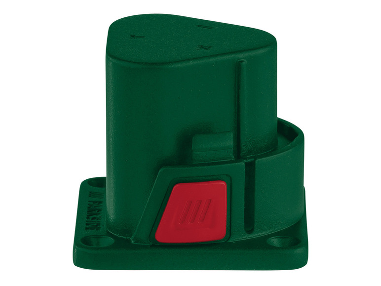 Batterie Parkside verte avec un bouton rouge.