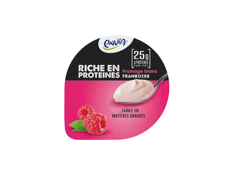 Fromage blanc riche en protéines à la framboise, faible en matières grasses.