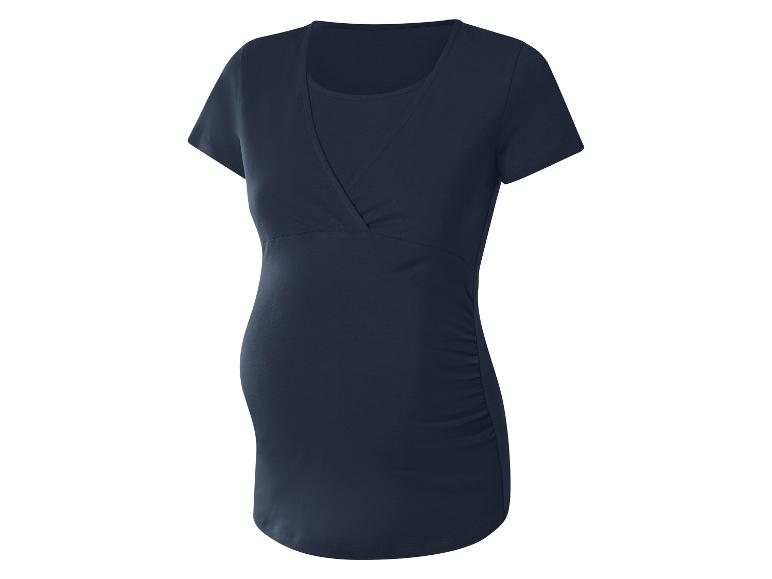 Haut de maternité bleu foncé à manches courtes et design cache-cœur.