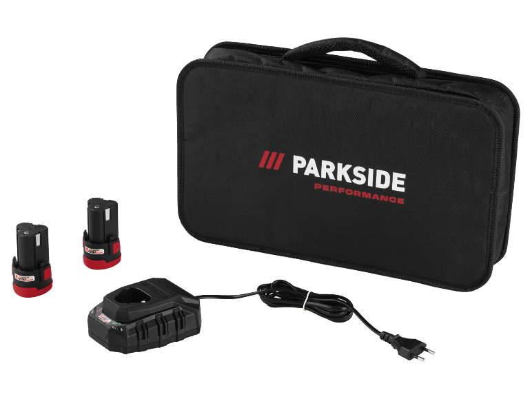 Sac de transport noir avec chargeur et deux batteries pour outils électriques.