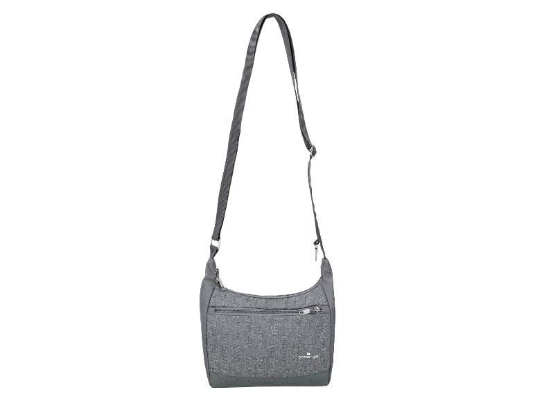 Sac bandoulière gris en tissu texturé avec une poche avant zippée.