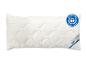 Oreiller blanc avec matelassage ondulé et un éco-label bleu.