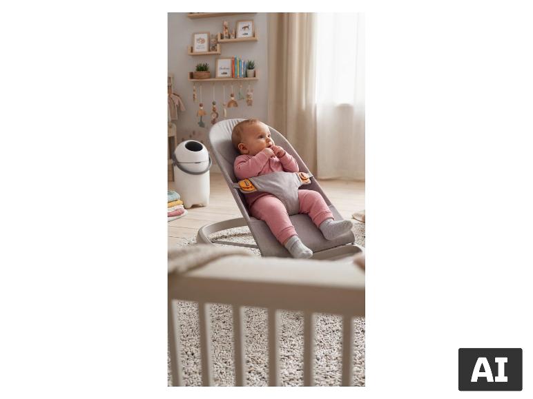 Poubelle à couches LUPILU® dans une chambre de bébé chaleureuse avec un bébé dans un transat [image générée par l'IA]
