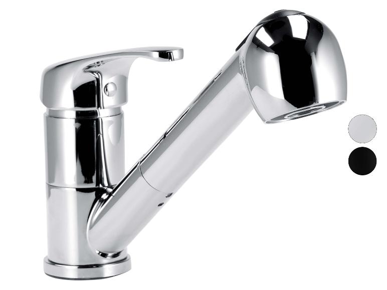 Robinet de cuisine chromé avec douchette extractible, disponible en finitions claire et foncée.