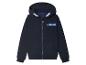 Un sweat à capuche bleu marine avec une fermeture éclair et un petit logo sur la poitrine.