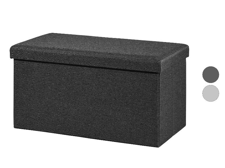 Pouffe de rangement pliable gris foncé avec couvercle rembourré, présenté avec des échantillons de couleurs.