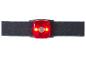 Lampe de sécurité LED rouge avec sangle noire, allumée.
