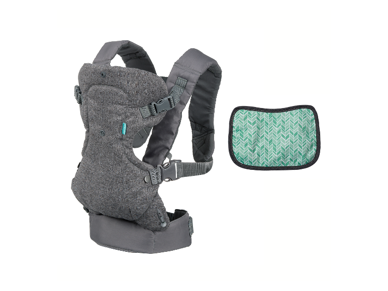 Porte-bébé et coussin réducteur gris avec motif vert.
