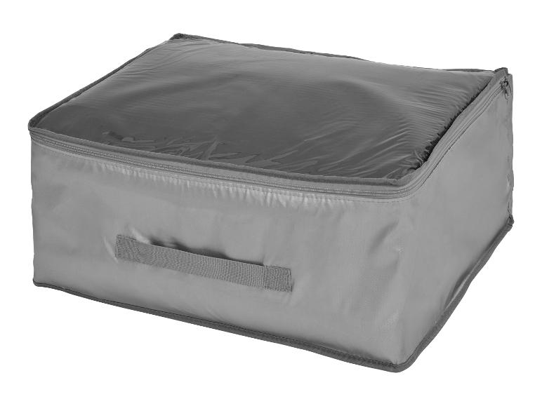 Sac de rangement gris avec couvercle transparent et poignée.