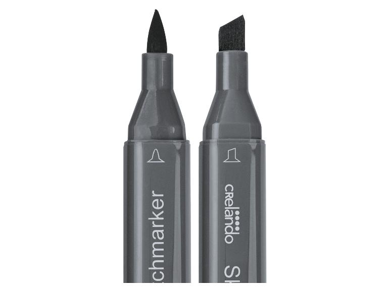 Deux marqueurs gris avec des pointes différentes : une pointe pinceau et une pointe biseautée.