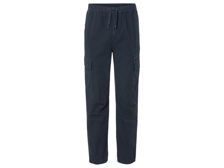 Pantalon cargo bleu marine avec cordon de serrage.