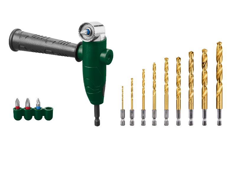 Adaptateur de perceuse d'angle avec poignée, embouts de tournevis et un jeu de forets.