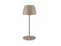 Lampe de table beige avec abat-jour conique et base ronde.