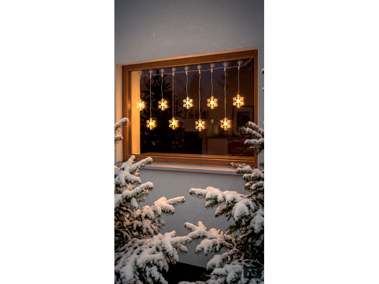 Lumières de Noël flocon de neige sur une fenêtre, avec des sapins enneigés.