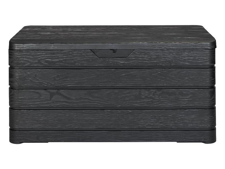 Un coffre de rangement noir avec un aspect bois.