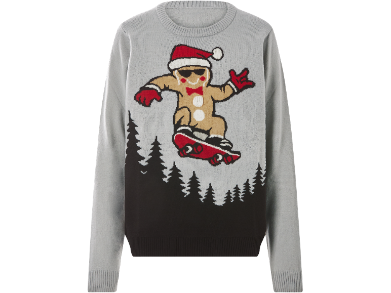 Pull de Noël gris avec un bonhomme en pain d'épices sur un skateboard