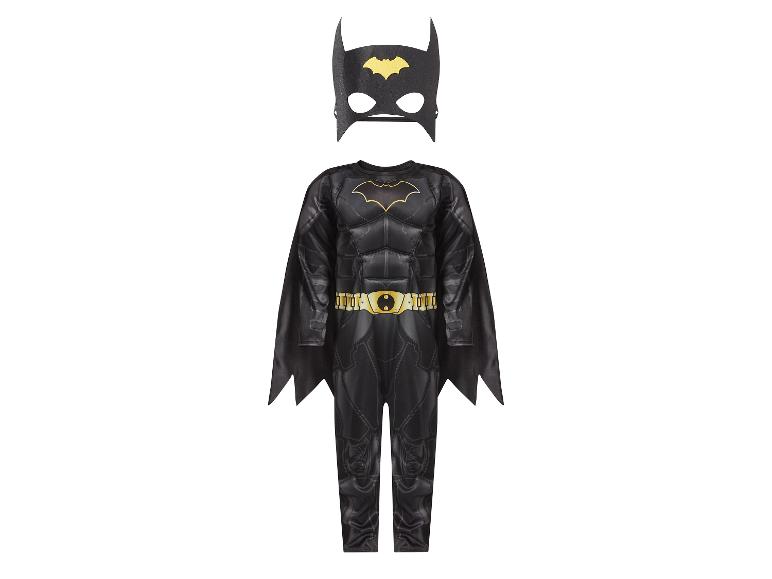 Déguisement de Batman pour enfants, avec une combinaison noire ornée d'un symbole de chauve-souris jaune et un masque assorti.