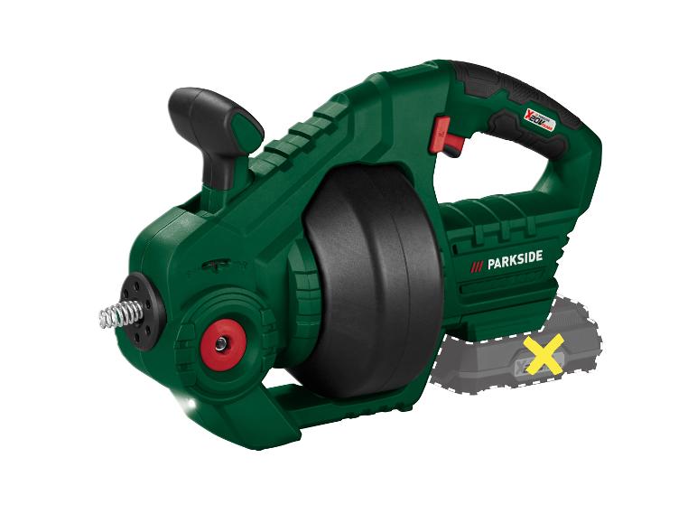 Déboucheur de canalisations sans fil PARKSIDE avec spirale flexible et batterie manquante indiquée par un X jaune.