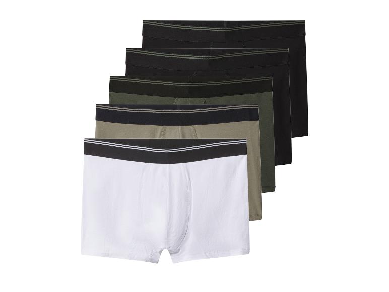 Lot de cinq boxers pour hommes en blanc, kaki et noir.