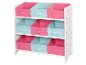Rangement enfant avec 9 paniers tissu rose et bleu.