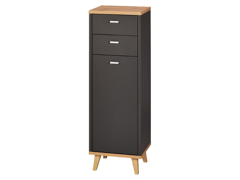 Commode haute gris foncé avec trois tiroirs et un plateau en bois clair, sur pieds en bois.