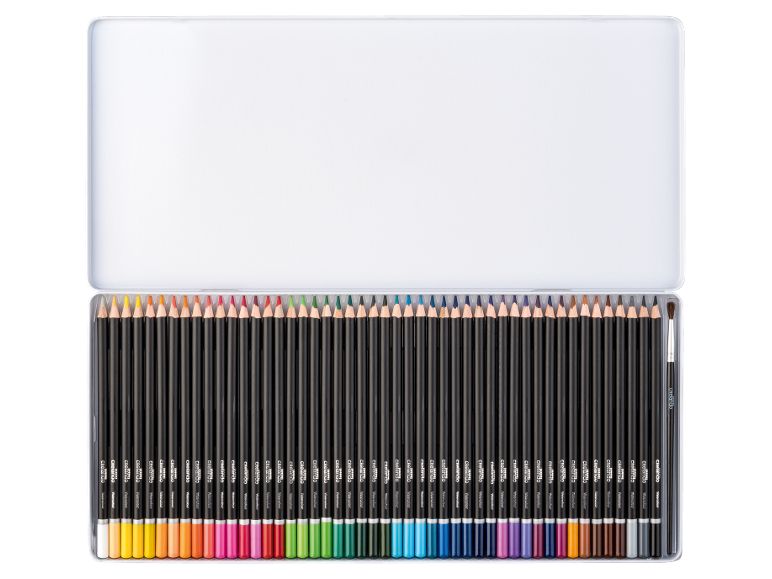 Ensemble de 48 crayons aquarelle et un pinceau dans une boîte métallique.