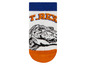 Des chaussettes blanches avec un imprimé T-Rex, des accents orange et bleus.