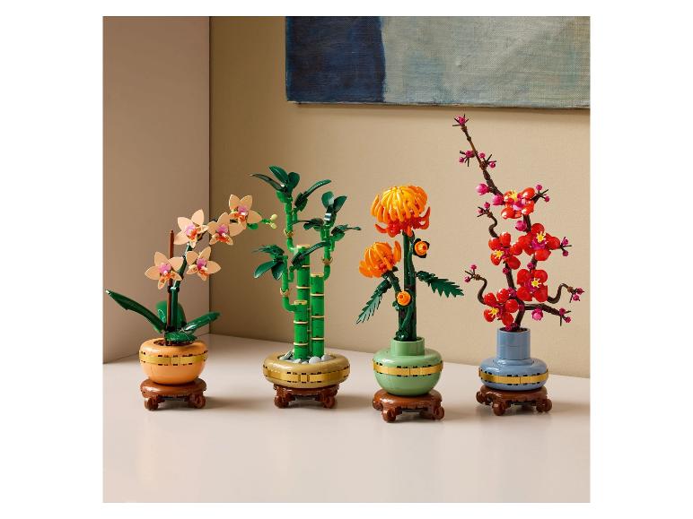 Quatre plantes en pot de style asiatique, dont une orchidée, un bambou, un chrysanthème et une fleur de prunier.