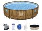 Piscine Bestway Power Steel avec motif bois, filtre, échelle et couverture.