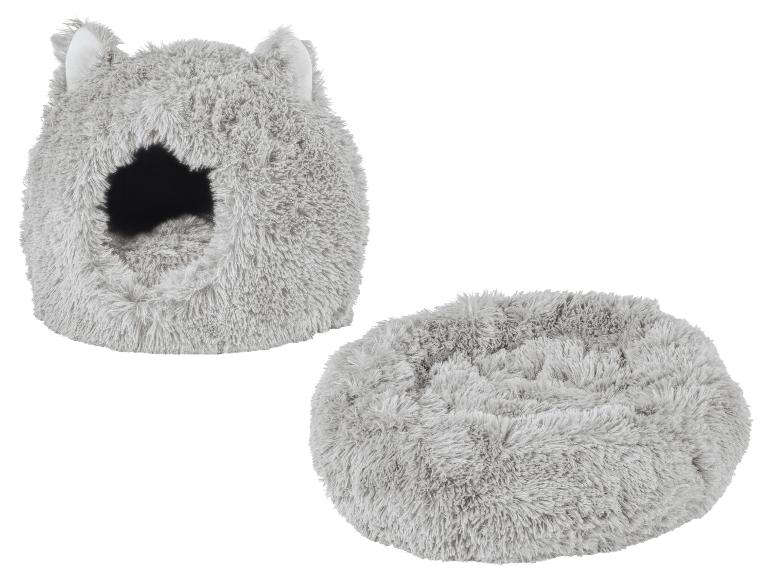 Deux lits douillets gris pour animaux de compagnie, un en forme d'igloo et un rond