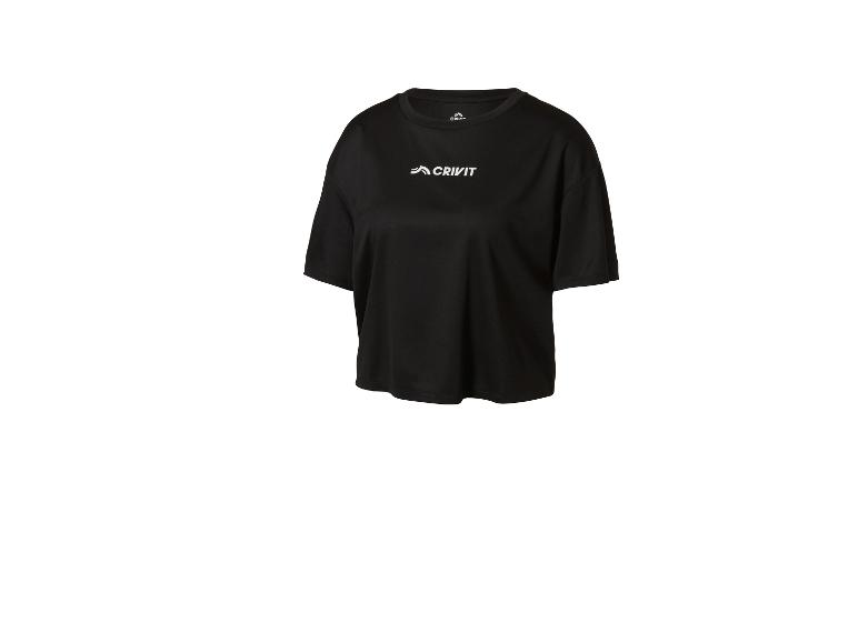 T-shirt de sport noir pour femme à manches courtes avec logo blanc sur la poitrine.