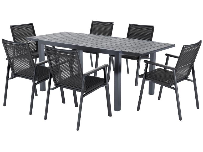 Ensemble de mobilier de jardin gris avec table rectangulaire et six chaises.