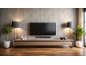 Meuble TV en bois avec téléviseur, barre de son, lampes et plantes d'intérieur.