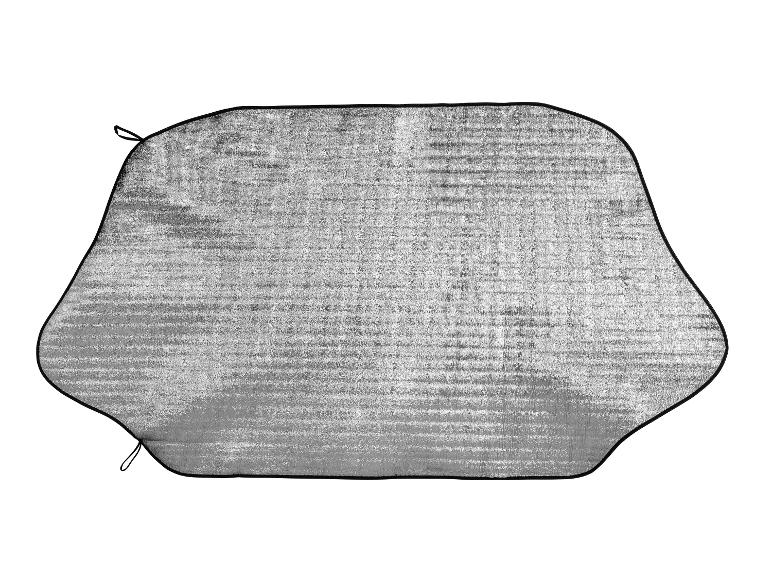 Pare-soleil de voiture argenté avec bords noirs et boucles de fixation.