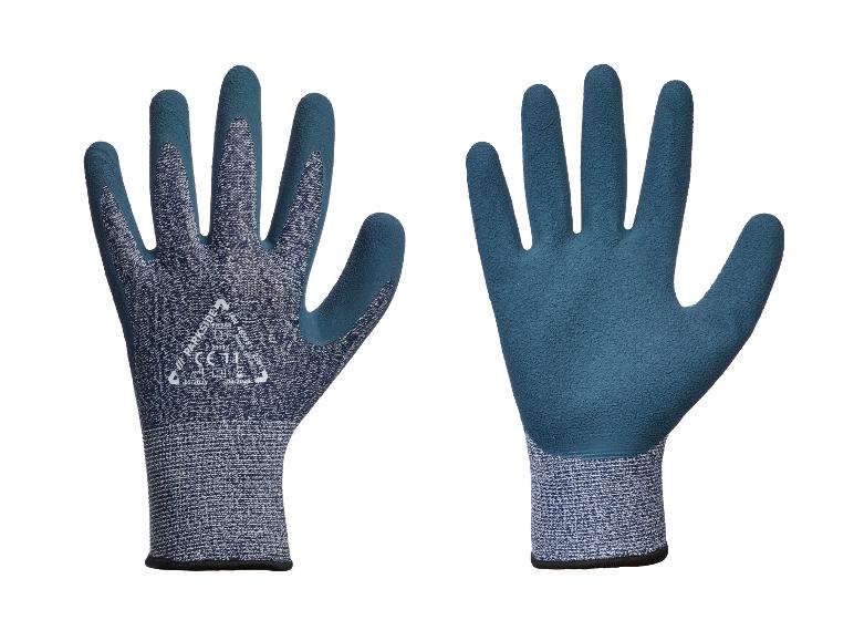 Une paire de gants de travail Parkside bleus et gris, vue de face et de dos.